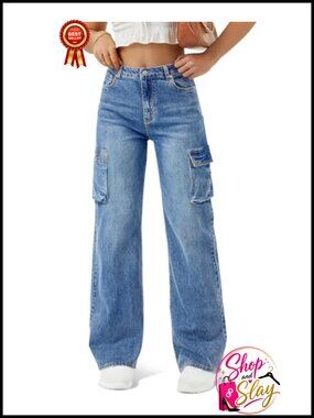High Waist Baggy Cargo Jeans Flap Pocket Wide Leg Denim Pants